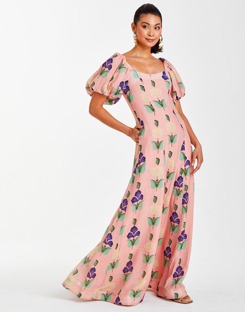 Puff sleeve gown crafted in a breathable crinkle voile