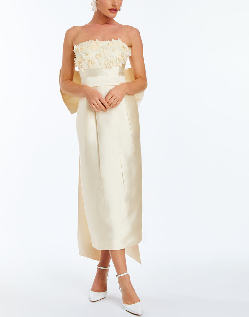 strapless bow front midi dress Lorena Convertible Bow Dress 14 / Ivory Silk Twill