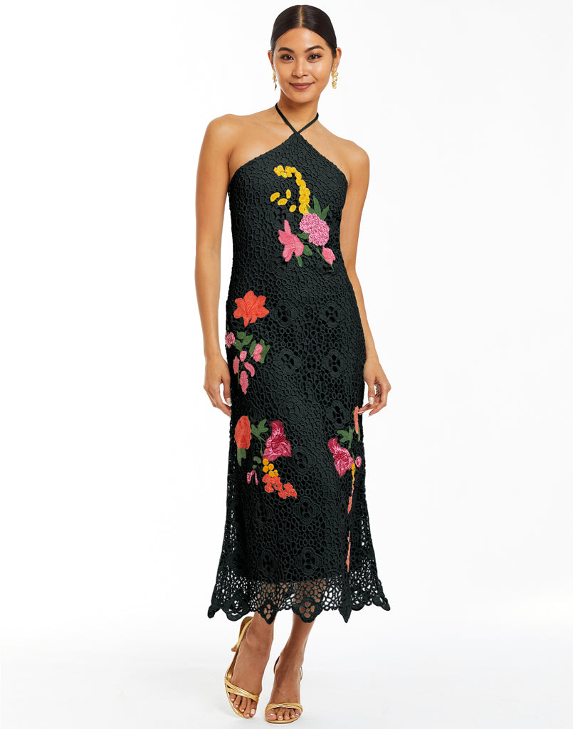 Knit halter dress with colorful floral embroidery
