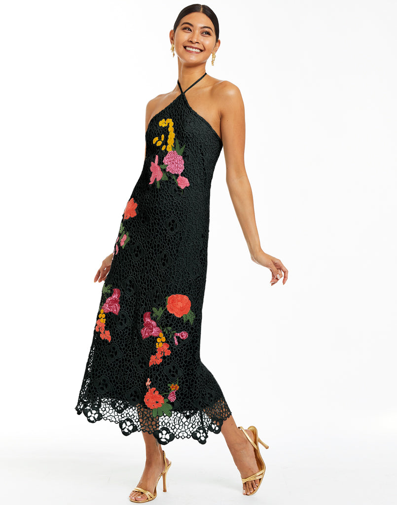 Knit halter dress with colorful floral embroidery