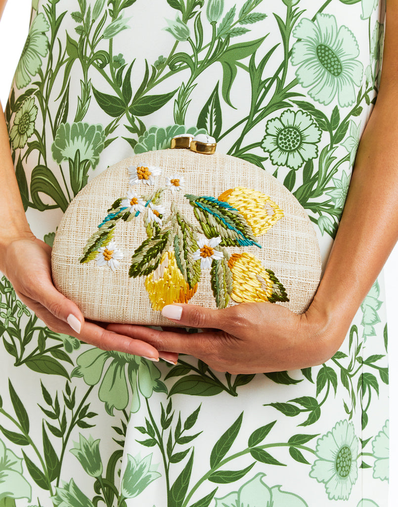 Rafe New York x Mestiza collaboration. Dome clutch with lemon embroidered
