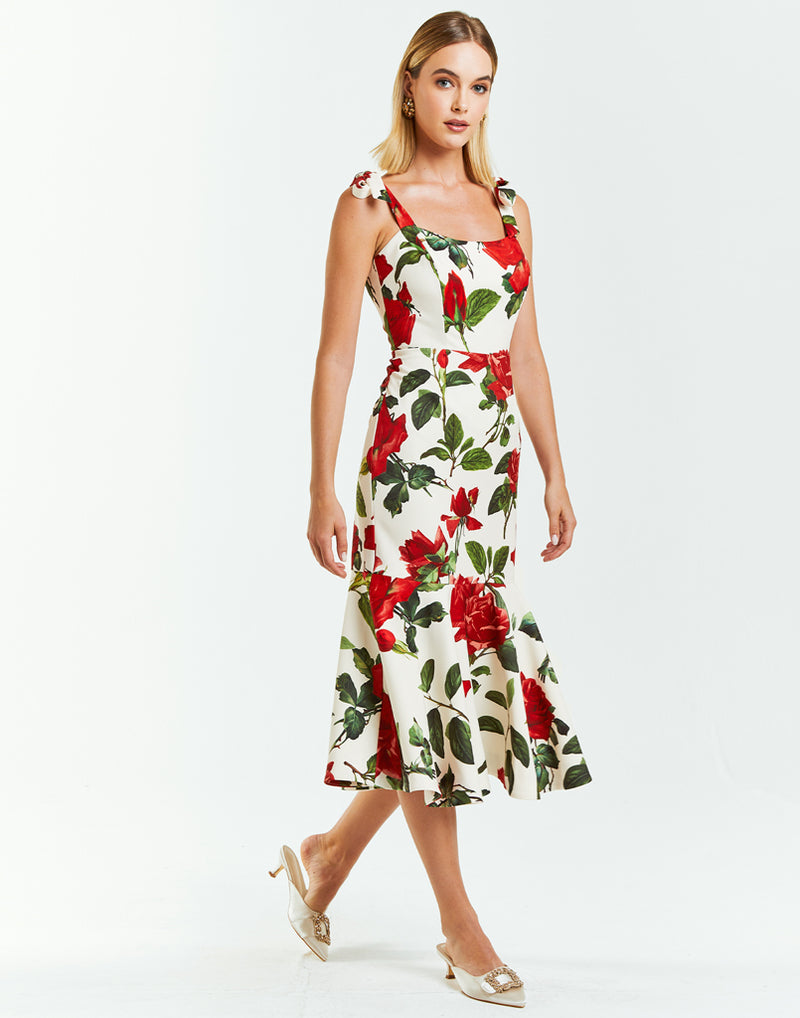 red floral midi dress with bow tie straps