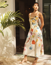 Sugarcane Slip Midi Dress in Garden Muse linen with bias-cut silhouette, scoop neckline, thick tank straps, and subtle A-line skirt.