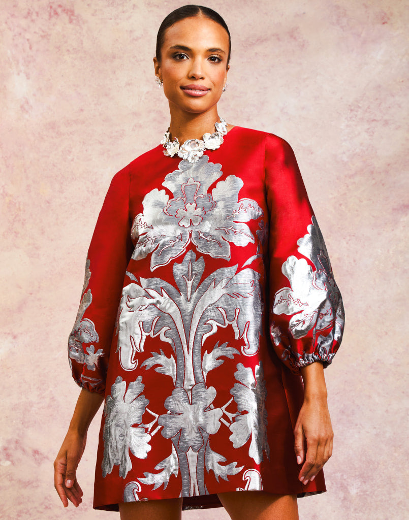 Rosanna Mini Dress in Burgundy Arbor front – metallic jacquard cocktail dress with A-line silhouette, crew neckline, and balloon sleeves by Mestiza New York.
