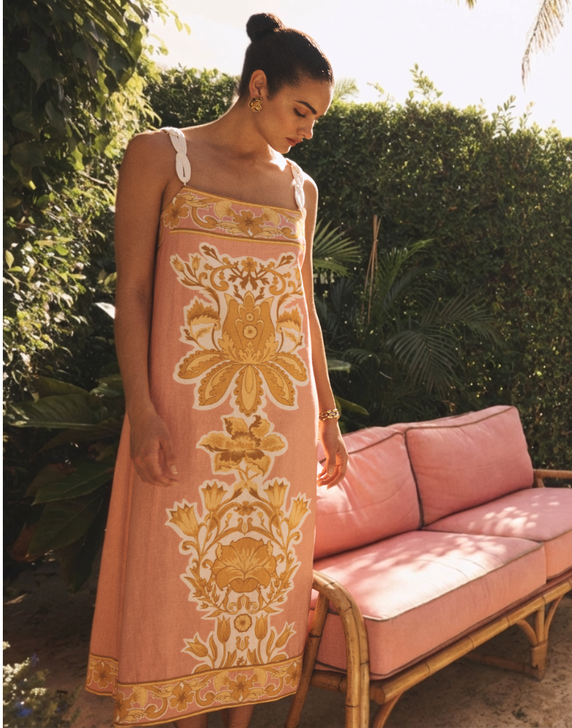 Galena Convertible Tea Length Dress in Florentine Lattice linen with reversible floral and lattice prints, rope straps, and side pockets.
