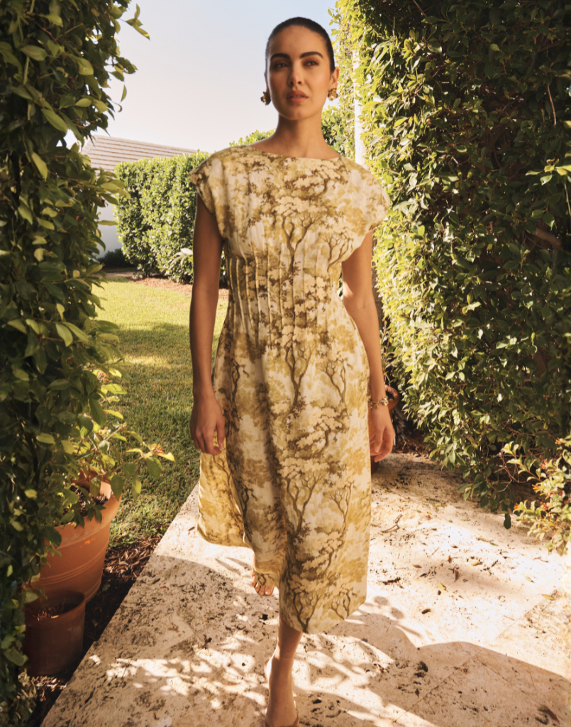 Quinn Midi Dress in Citrus Toile linen organza with boat neckline, pintuck bodice, kimono sleeves, and side pockets.