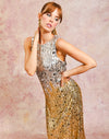 Celestina Sequin Tea Length Dress in Champagne Ombre front – sleeveless ombre sequin evening dress with crew neckline, organza hem, and column silhouette by Mestiza New York.