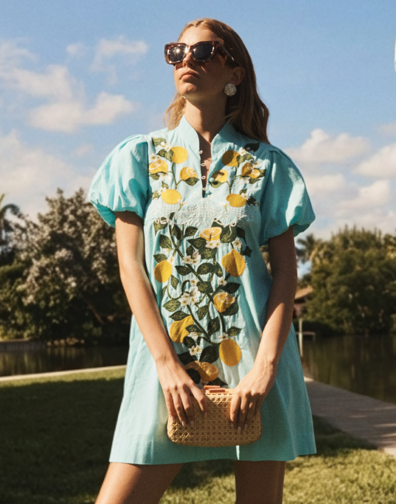 Elliana Mini Dress in Sorrento Citrus cotton poplin with barong-style lemon embroidery, mandarin collar, puff sleeves, and side pockets.