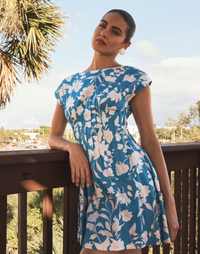 Quinn Mini Dress in Huckleberry Blue cotton poplin with boat neckline, pintuck bodice, kimono sleeves, and side pockets.