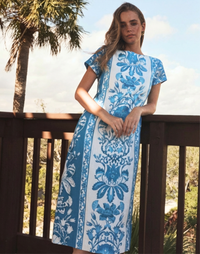 Adria Midi Dress in Florentine Blue linen with boat neckline, structured short sleeves, column silhouette, and side pockets.