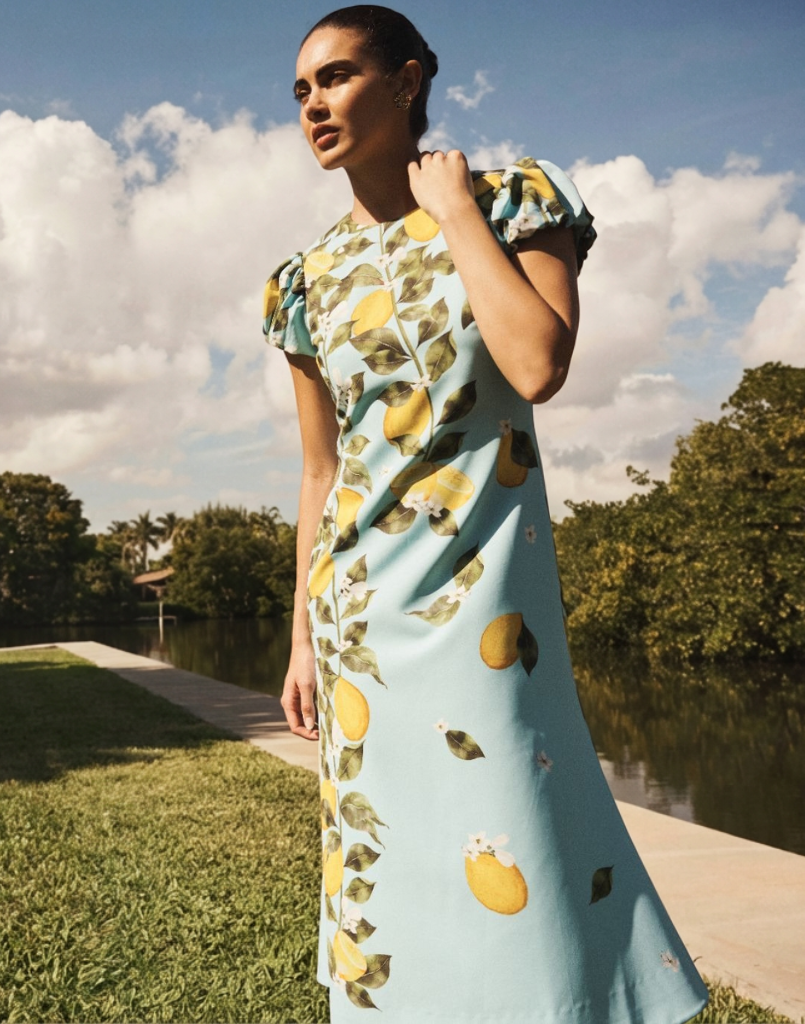 Perla Midi Dress in Sorrento Citrus stretch crepe with puff cap sleeves, crew neckline, and fit-and-flare silhouette.