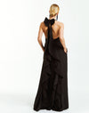 Black crepe maxi halter dress with cascading back ruffle and beaded  rose embellishment on front. 