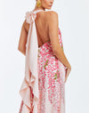 Pink evening halter  gown with cascading bow in rear. Dripping pink wisteria print on front. 