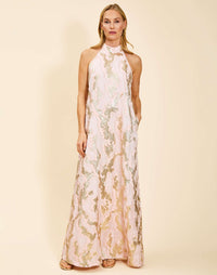Adelina Gown in Blush Gold metallic jacquard with halter neckline, bow back closure, cascading ruffle detail, and side pockets.