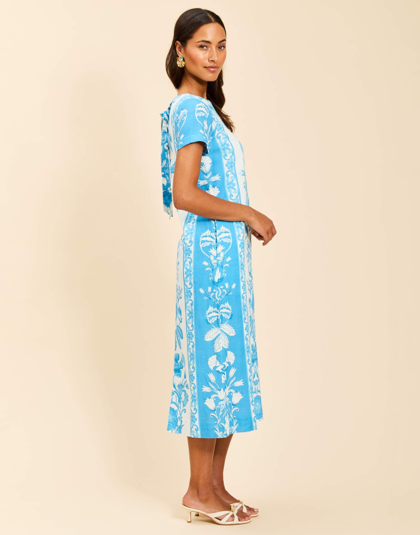 Adria Midi Dress in Florentine Blue linen with boat neckline, structured short sleeves, column silhouette, and side pockets.