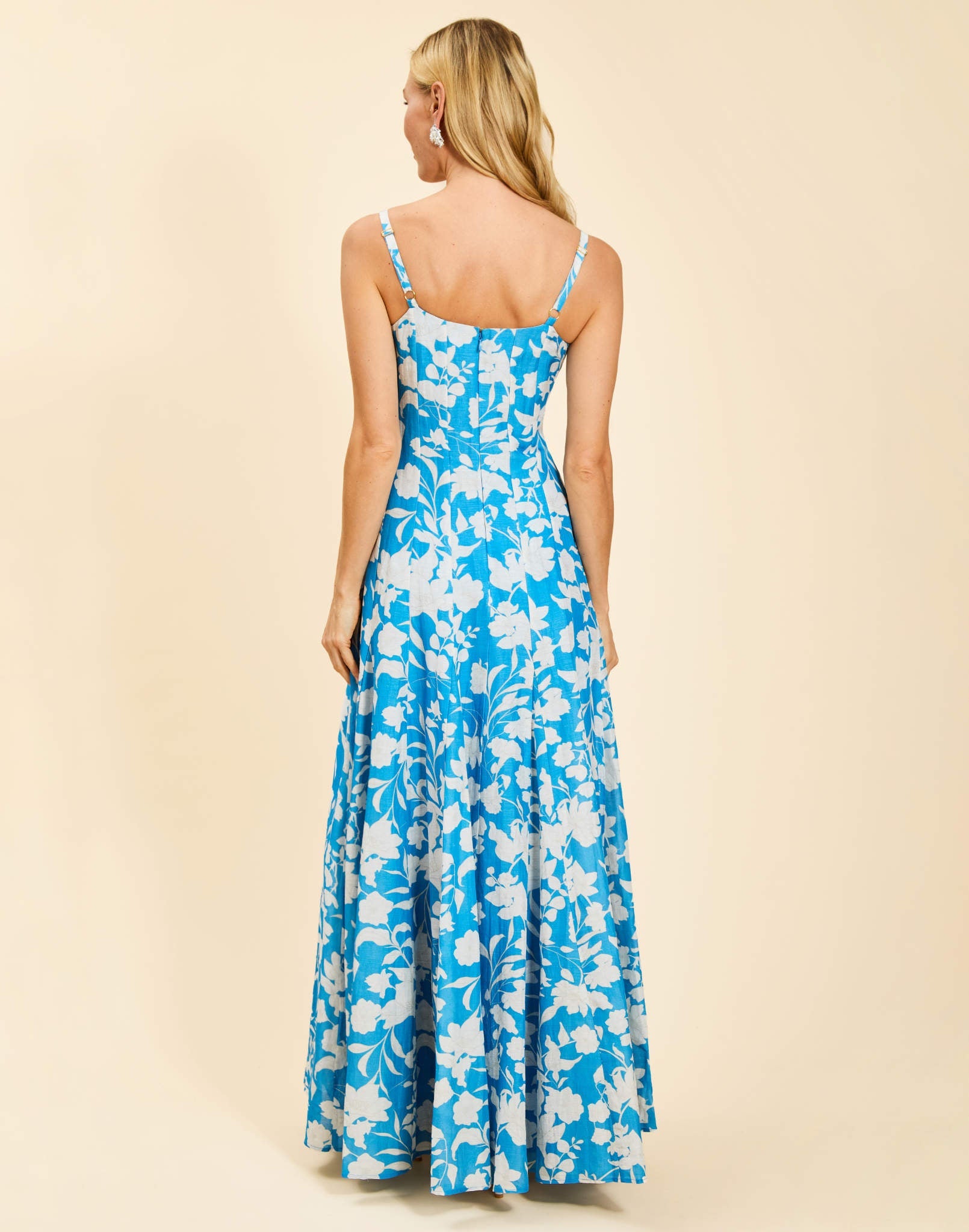 Alemais Gown in Huckleberry Blue linen organza with scoop neckline, adjustable straps, boned bodice, and fit-and-flare silhouette.