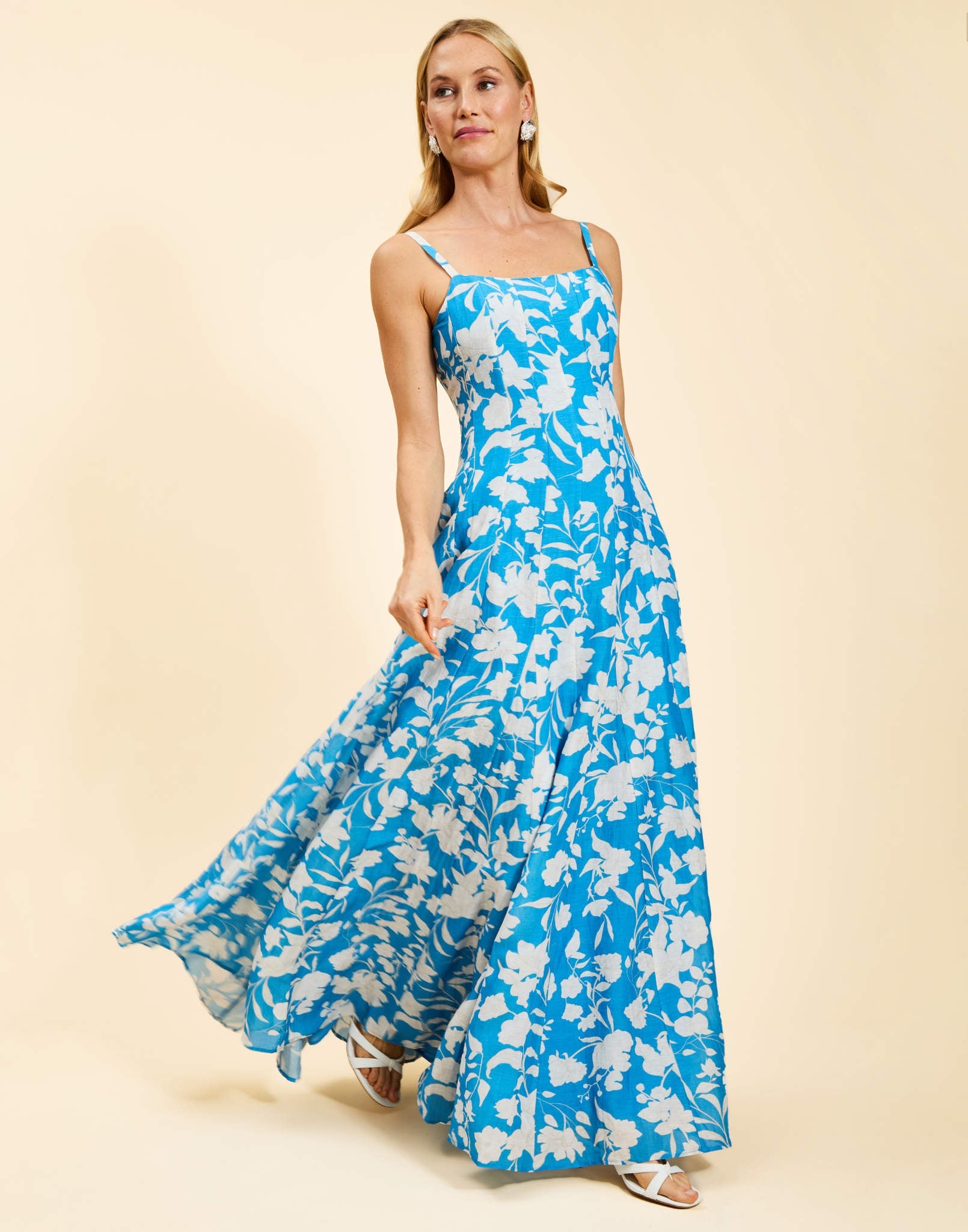 Alemais Gown in Huckleberry Blue linen organza with scoop neckline, adjustable straps, boned bodice, and fit-and-flare silhouette.