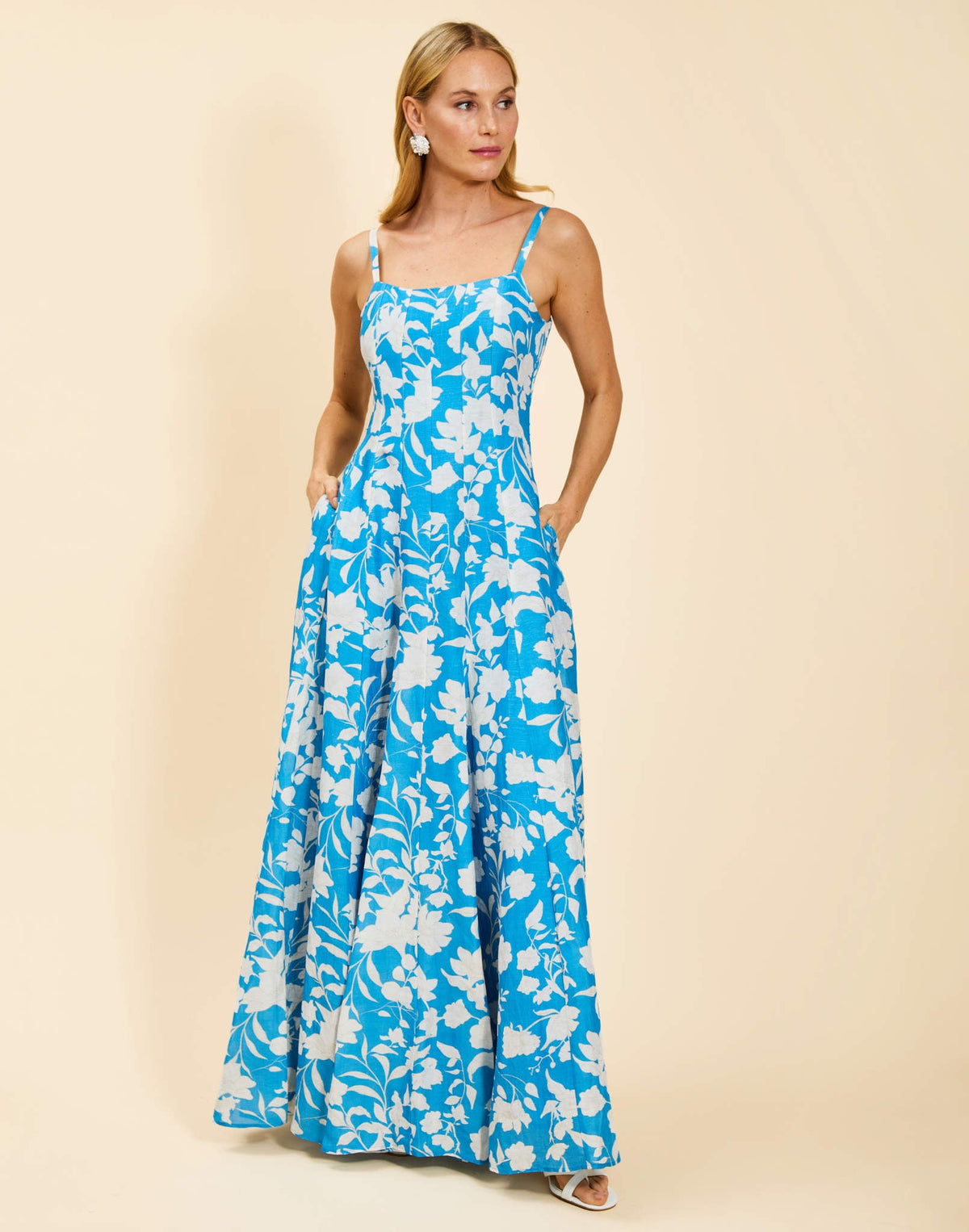 Alemais Gown in Huckleberry Blue linen organza with scoop neckline, adjustable straps, boned bodice, and fit-and-flare silhouette.