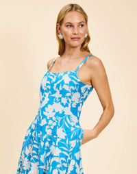 Alemais Gown in Huckleberry Blue linen organza with scoop neckline, adjustable straps, boned bodice, and fit-and-flare silhouette.