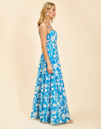 Alemais Gown in Huckleberry Blue linen organza with scoop neckline, adjustable straps, boned bodice, and fit-and-flare silhouette.