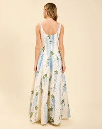 Amanda Gown in Wisteria Toile moiré with deep scoop neckline, sleeveless bodice, A-line silhouette, and hidden side pockets.