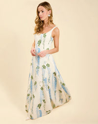 Amanda Gown in Wisteria Toile moiré with deep scoop neckline, sleeveless bodice, A-line silhouette, and hidden side pockets.