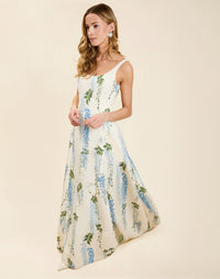 Amanda Gown in Wisteria Toile moiré with deep scoop neckline, sleeveless bodice, A-line silhouette, and hidden side pockets.