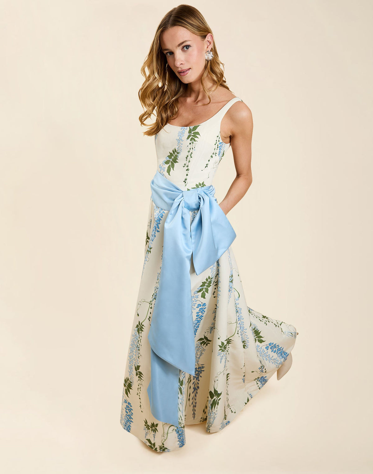 Darcy Bow Belt in Powder Blue taffeta with oversized bow, elongated asymmetrical tails, pleated waist seams, and hidden adjustable closure.