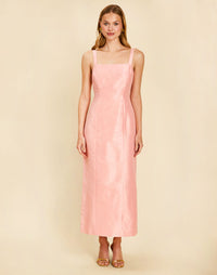 Annika Convertible Gown Set in Blush Tulip with a floor-length short-sleeve duster over a tea-length fitted dress.
