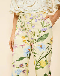 Antonella Pants in Blooming Vine canvas with high-waisted fit, straight-leg silhouette, slash side pockets, and concealed side zipper.