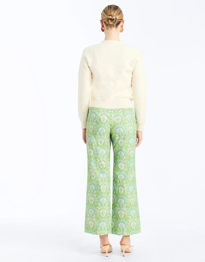 Back - Antonella Pants in Trellis Verte is a printed straight-leg pants with decorative buttons and side zip.