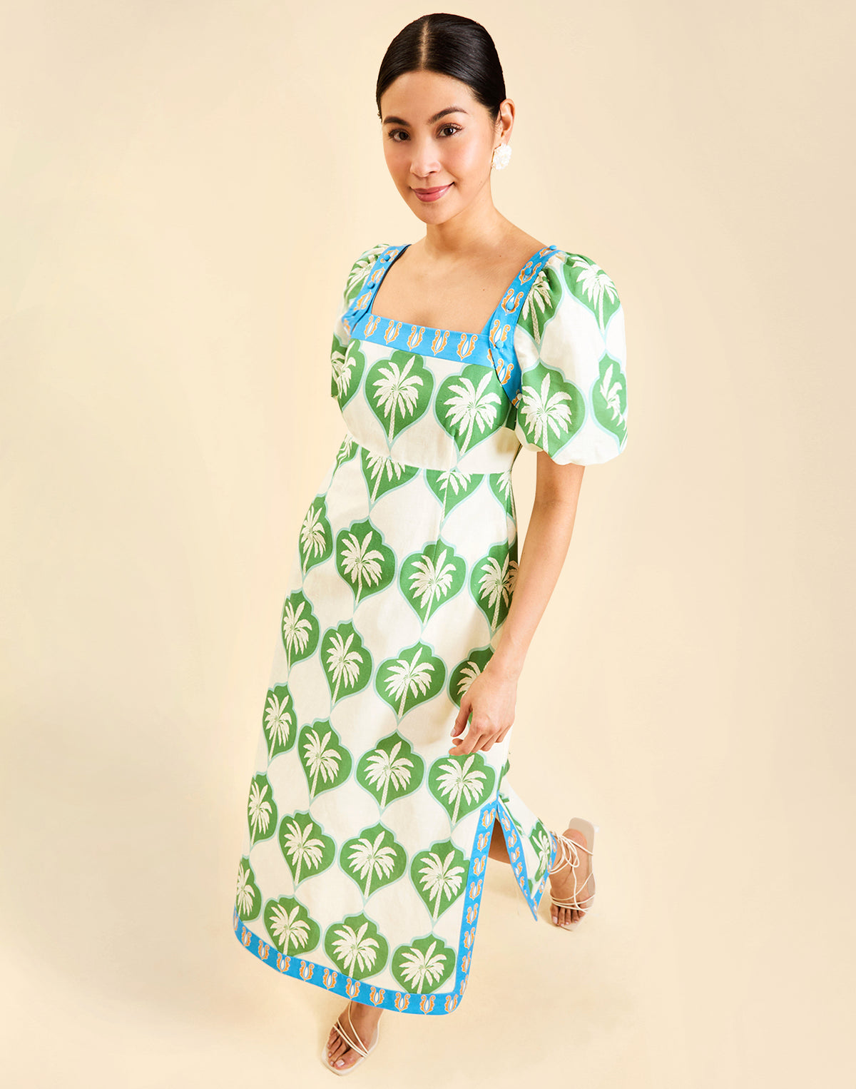 Apollo Convertible Midi Dress in Palm Bay Blue linen with square neckline, removable sleeves, and empire waist silhouette.