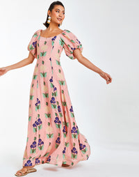 Shell prinPuff sleeve gown crafted in a breathable crinkle voilet gown in breathable crinkle voile