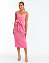 Pink floral jacquard midi dress with scooped neckline and waist-cinching built-in bow