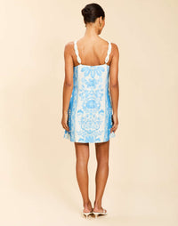 Bea Mini Dress in Florentine Blue linen organza with braided rope straps, straight neckline, shift silhouette, and side pockets.