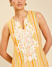 Belize Shift Mini Dress in Sunset Ribbons linen with embroidery detail, notch collar, sleeveless shift silhouette, and side pockets.