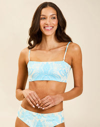 Beverly Convertible Bikini Top in Grotto Stripe reversible stripe and flourish print with straight neckline and gold hardware