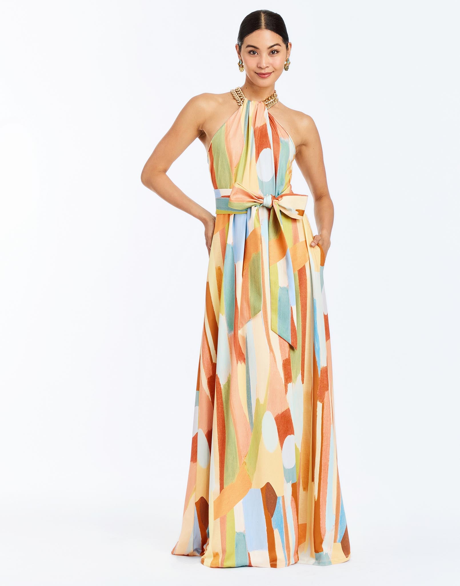 Front - Bijou Halter Gown in Fresco Tides is a chain-neck halter gown with wrap sash, gathered bodice, and sweeping jersey skirt.