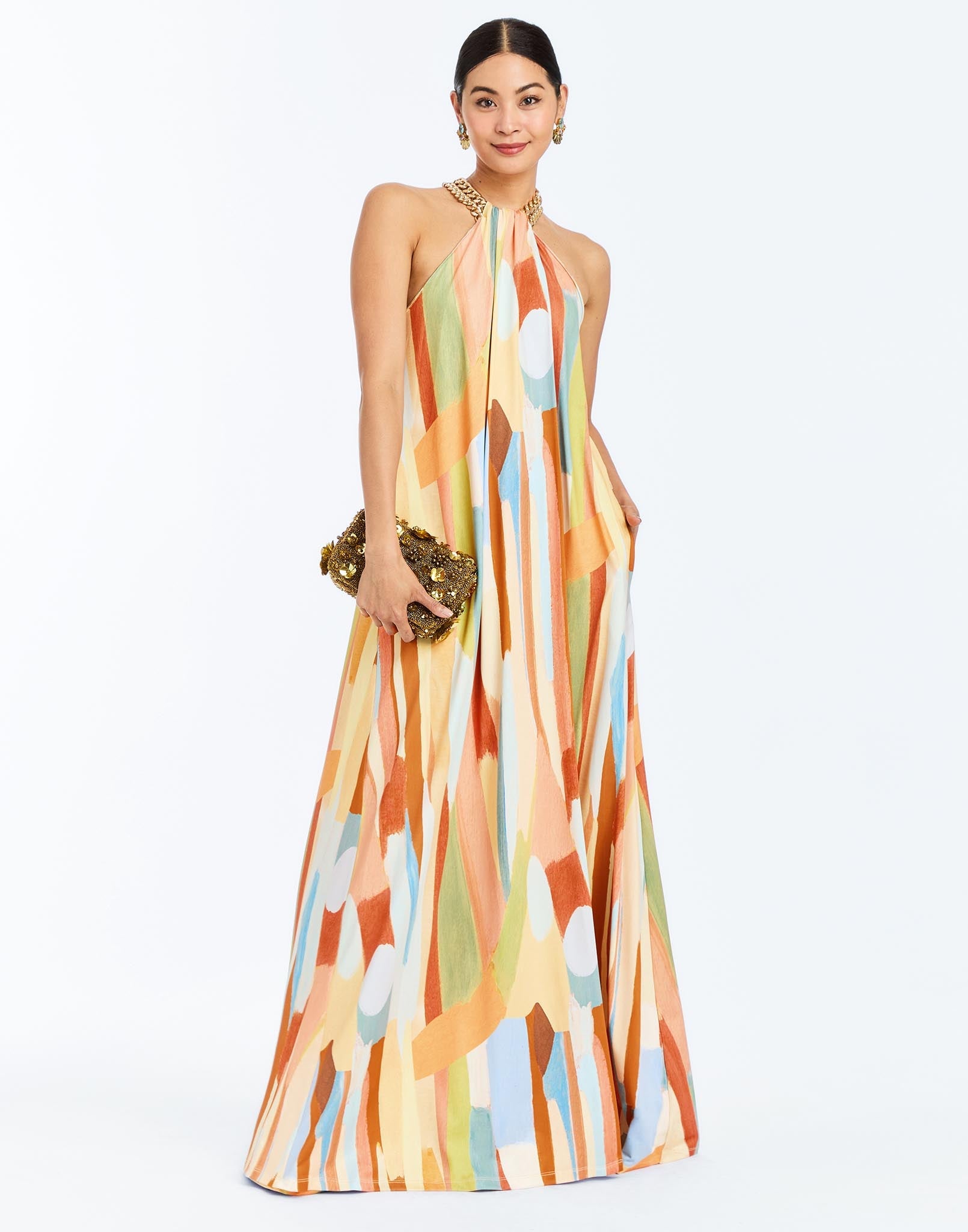 Front - Bijou Halter Gown in Fresco Tides is a chain-neck halter gown with wrap sash, gathered bodice, and sweeping jersey skirt.