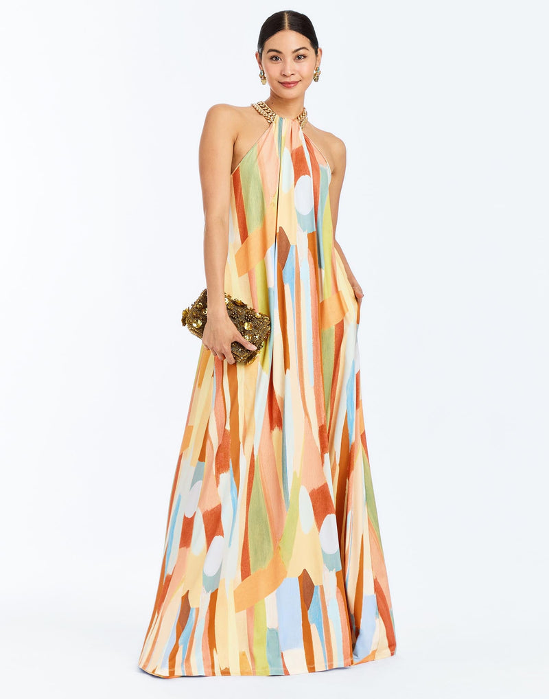 Front - Bijou Halter Gown in Fresco Tides is a chain-neck halter gown with wrap sash, gathered bodice, and sweeping jersey skirt.