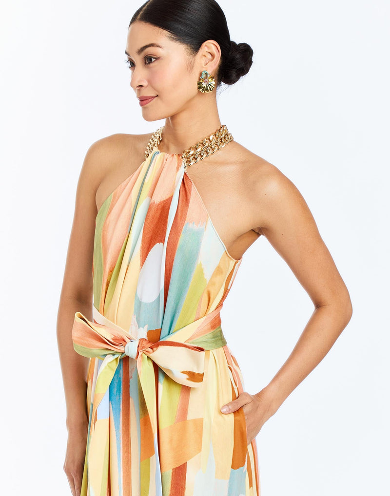 Detail - Bijou Halter Gown in Fresco Tides is a chain-neck halter gown with wrap sash, gathered bodice, and sweeping jersey skirt.