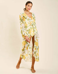 Golden Gardenia chiffon maxi robe with cascading ruffles and front tie closure