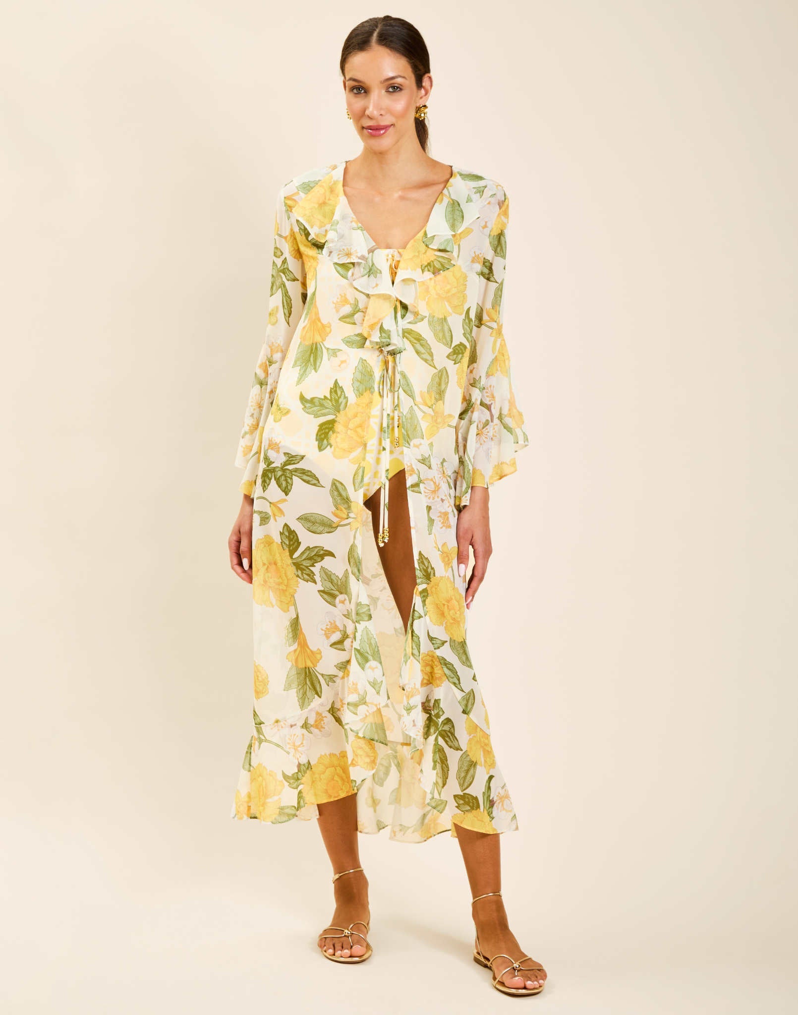 Golden Gardenia chiffon maxi robe with cascading ruffles and front tie closure
