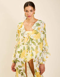 Golden Gardenia chiffon maxi robe with cascading ruffles and front tie closure