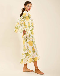 Golden Gardenia chiffon maxi robe with cascading ruffles and front tie closure