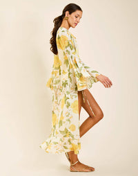 Golden Gardenia chiffon maxi robe with cascading ruffles and front tie closure