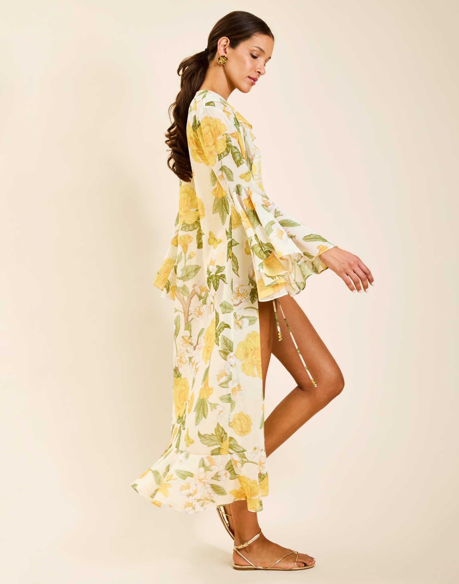 Golden Gardenia chiffon maxi robe with cascading ruffles and front tie closure