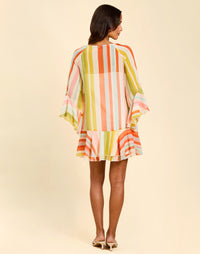 Bimini Ruffle Caftan Mini Dress in Paradise Stripe chiffon with cascading ruffles, tie neckline, and flowy mini silhouette.