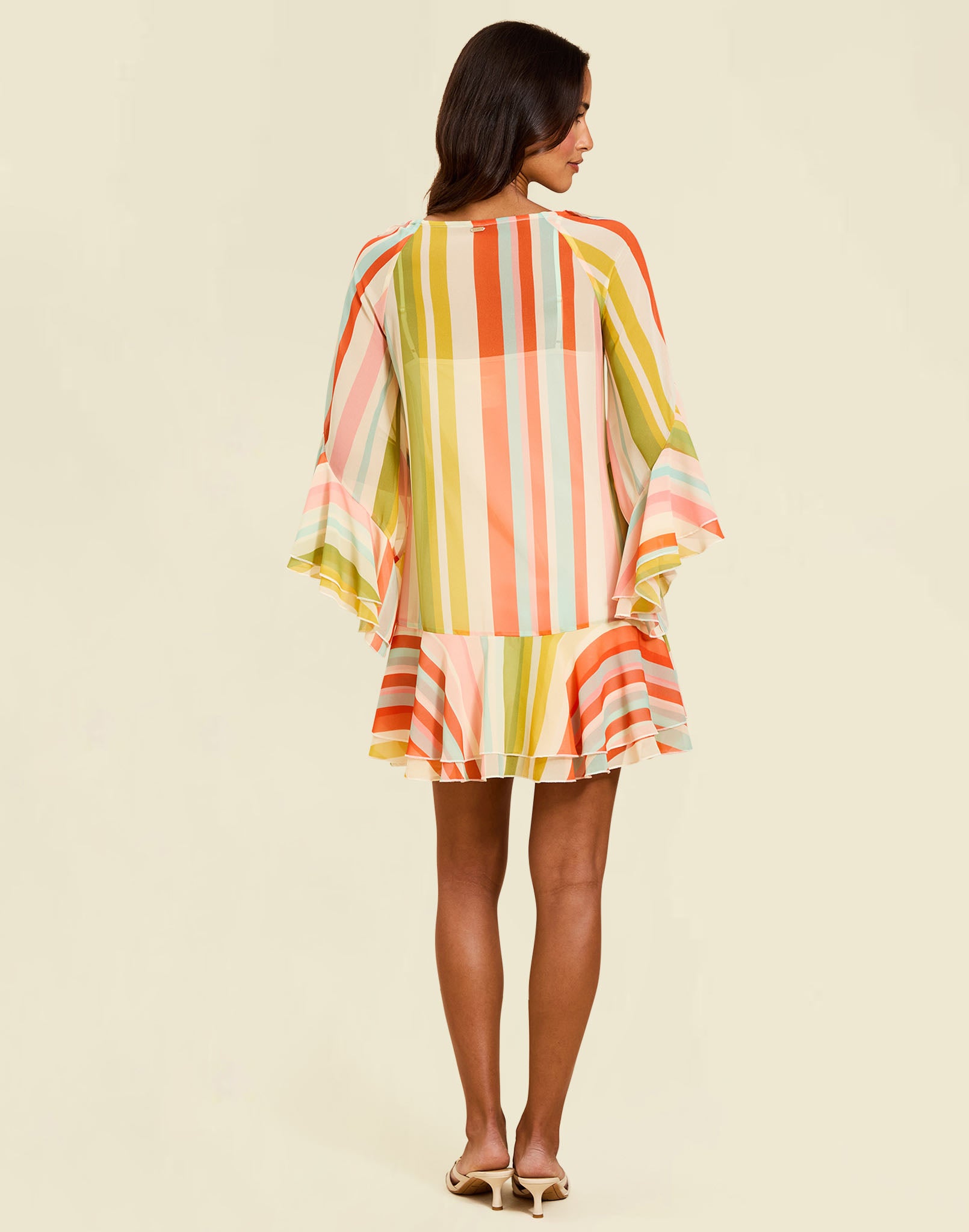 Bimini Ruffle Caftan Mini Dress in Paradise Stripe chiffon with cascading ruffles, tie neckline, and flowy mini silhouette.