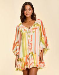 Bimini Ruffle Caftan Mini Dress in Paradise Stripe chiffon with cascading ruffles, tie neckline, and flowy mini silhouette.